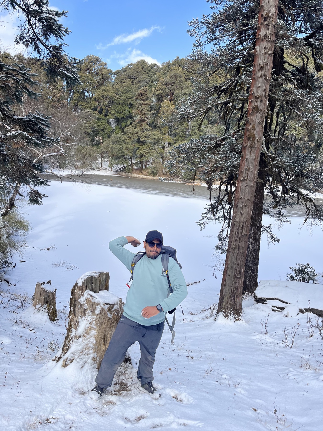 Ankit during a trek through a snow-covered forest
